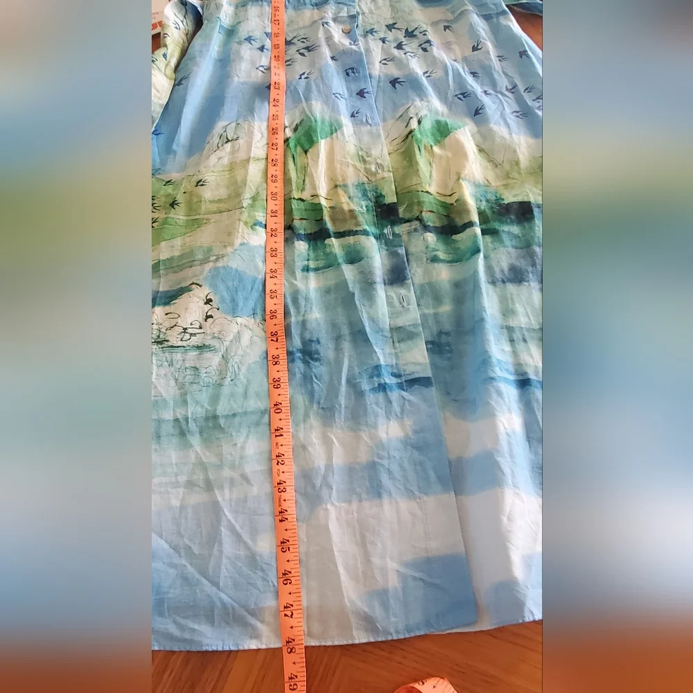 Zara Japanese Nature Watercolor Bird Print belted Midi Shirt Dress NWT 2183/014 - Picture 9 of 11